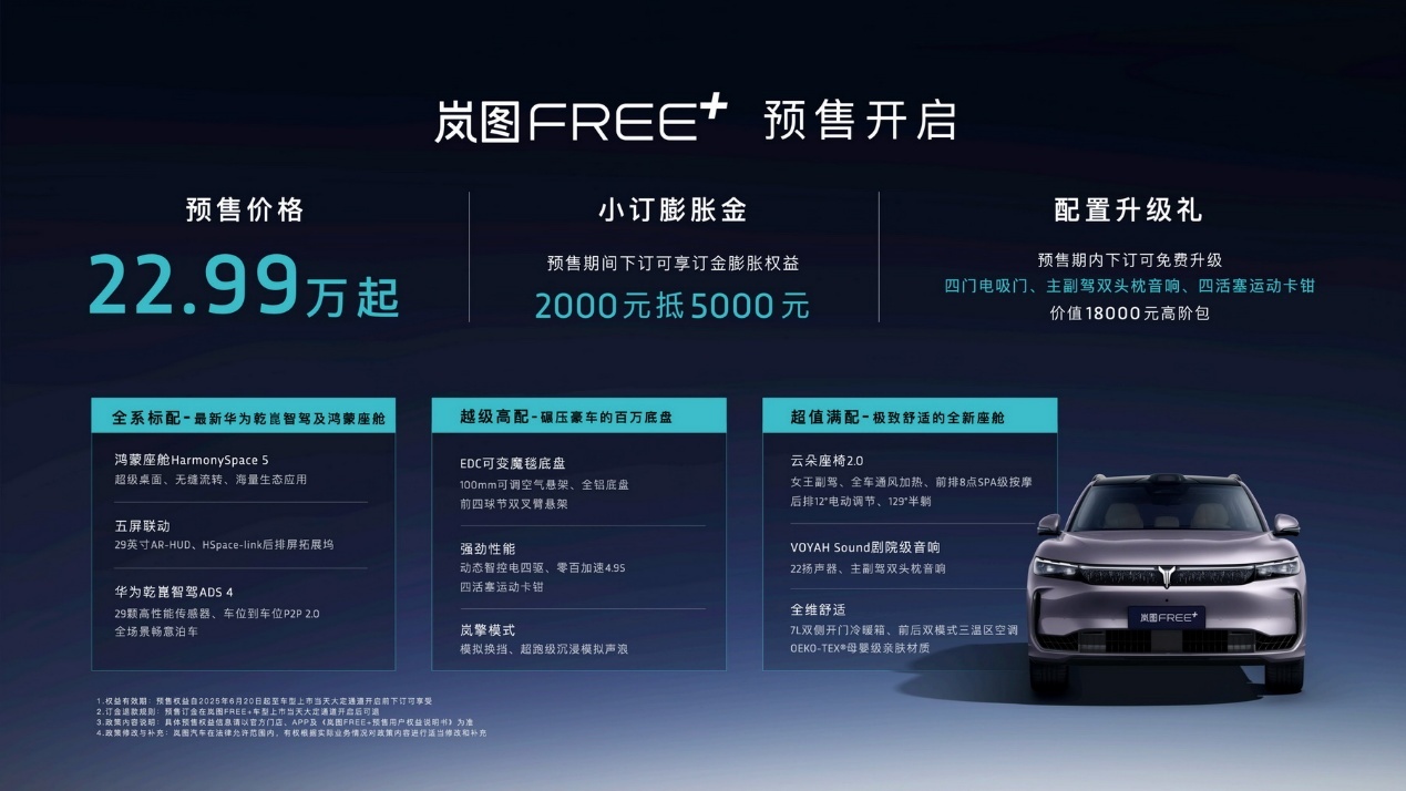 标配华为ADS4+空悬，岚图FREE+预售22.99万起