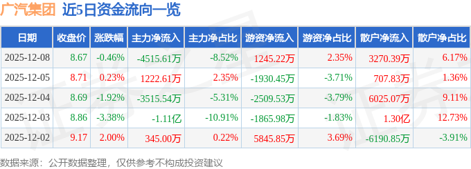 股票行情快报:广汽集团(601238)12月8日主力资金净卖出4515.61万元