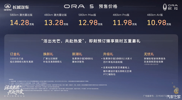 预售10.98万起/最高续航580km 欧拉5将于12月9日上市